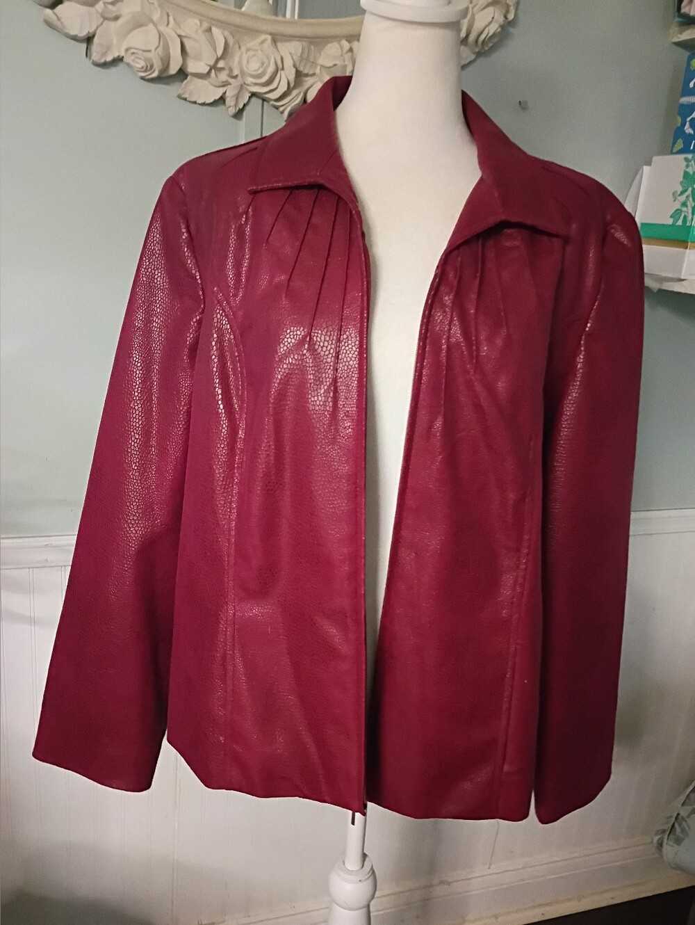 Kim Rogers Deep Berry Faux Leather Open-Front Jacket - Picture 3 of 11